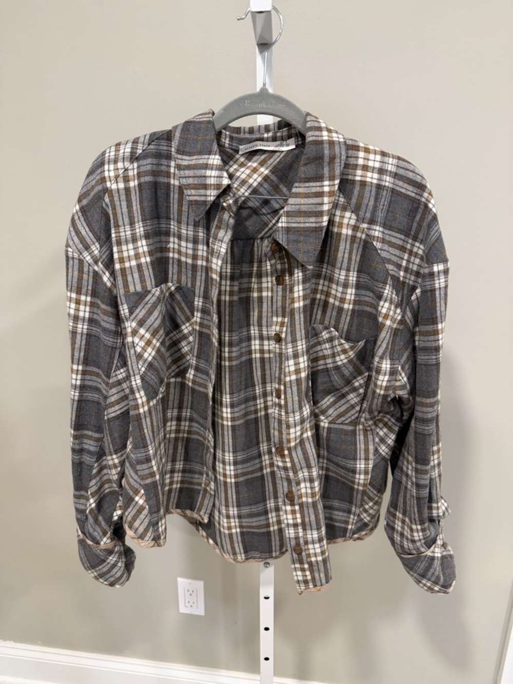 Altar'd State Plaid Button-Down Shirt in Gray and Brown